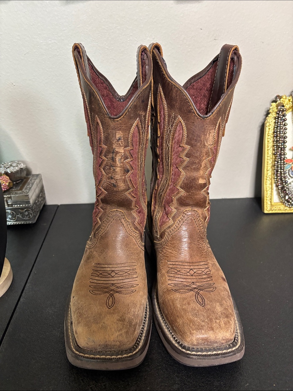 Justin Boots Brown Leather Heeled Cowboy Boots with Red Shaft Inlay
